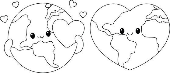 Cute kawaii cute earth with heat. Love Earth. Earth day coloring page. - obrazy, fototapety, plakaty