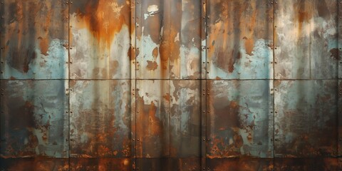 A striking image of rust and weathered paint on metal panels, capturing the essence of decay and the passage of time - obrazy, fototapety, plakaty