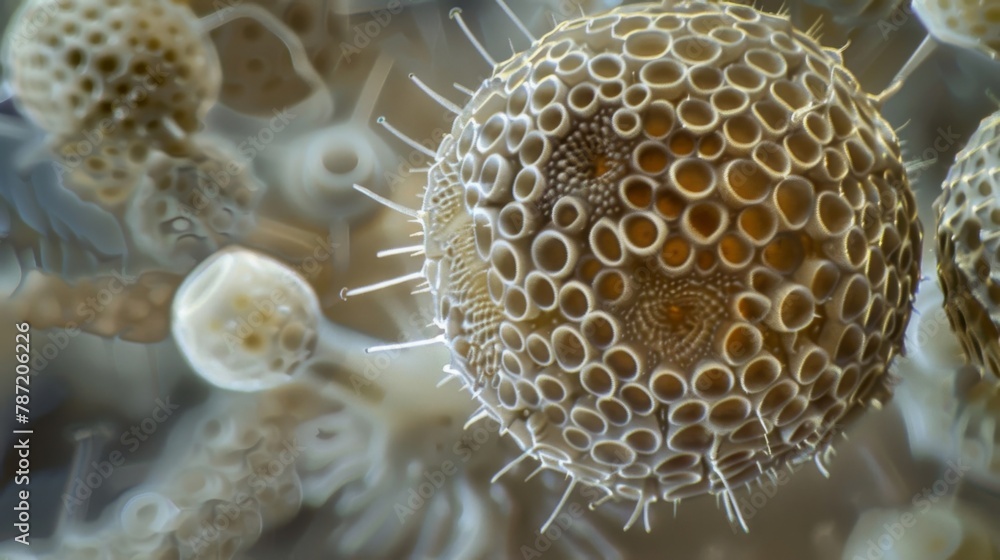 Poster a magnified view of a tiny spherical pollen grain with distinct ridges and pores.