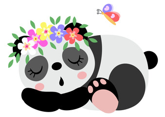 Cute panda sleeping with wreath floral on head