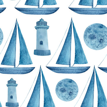Sailboat, lighthouse, moon seamless pattern hand drawn in watercolor isolated on white. High quality monochromatic illustration for wrapping paper, textile, wallpaper, notebooks, souvenirs, room decor