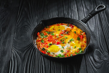 pan of delicious traditional israeli shakshuka on black wooden rustic background