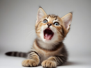Amazing Illustration of playful funny kitten looking up. and dancing in happy moodisolated on white background - obrazy, fototapety, plakaty
