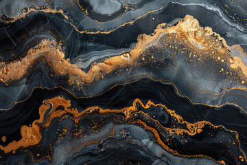 A pattern of swirling black and gold marble, with fluid lines and a luxurious feel. Created with Ai