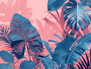 Tropical leaves on a soft pink backdrop, embodying a minimalistic concept 