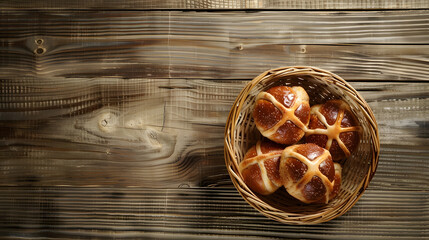 Traditional Easter hot cross buns Top vew wooden background copy space : Generative AI