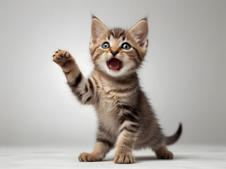 Amazing Illustration of playful funny kitten looking up. and dancing in happy moodisolated on white background - obrazy, fototapety, plakaty