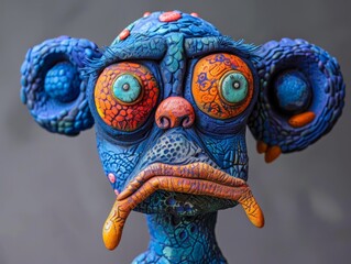 Ugly monster with a tired and depressed expression, fabulous creature made by hand from blue plasticine. Scary face of alien monster  - obrazy, fototapety, plakaty