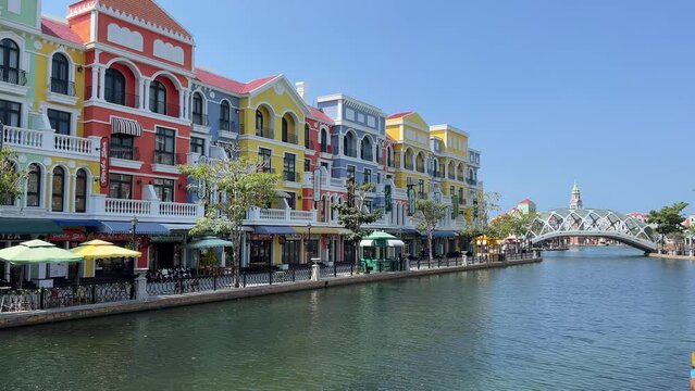 Vietnam Grand World Phu Quoc. famous entertainment, entertainment and shopping complex in Phu Quoc, Kien Giang province, VN. Colorful buildings like in Venice Italy in city Grand World