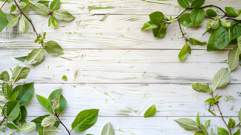 Aufkleber Old white wooden background with green leaves top view copy space Spring twigs on shabby background frame flat lay : Generative AI