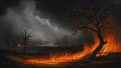 Fiery Night. A Landscape Engulfed in Flames