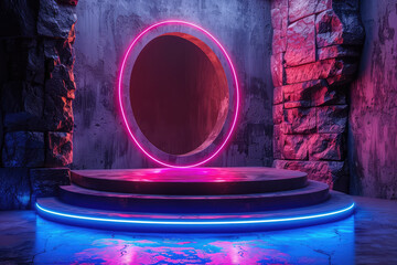  3d render, abstract futuristic background with glowing neon circle and empty stage podium in dark cave tunnel. Created with Ai