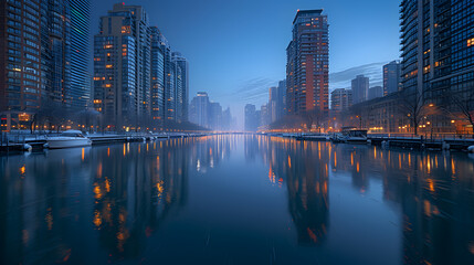 Fototapeta na wymiar Twilight cityscape reflected in calm water with urban skyscrapers. Metropolitan living and architecture concept. Design for real estate development, travel guides, and city planning materials