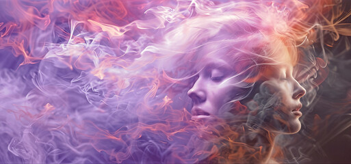 Two faced, gemini, duality, yin and yang, love and hate, give and take concept - female face merged into second female face emerging from pink lilac wispy smoke background depicting human duality  - obrazy, fototapety, plakaty