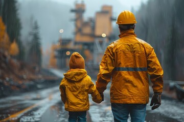 A protective father in safety gear guides his child towards a misty industrial backdrop, symbolizing guidance and growth - obrazy, fototapety, plakaty