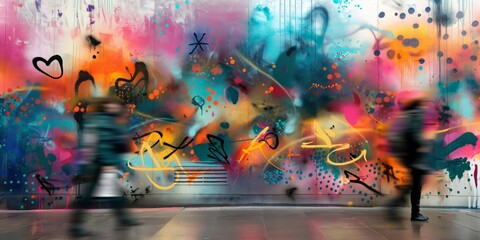 A lively urban scene featuring a graffiti-covered wall and blurred figures walking past, symbolizing the transient nature of city life