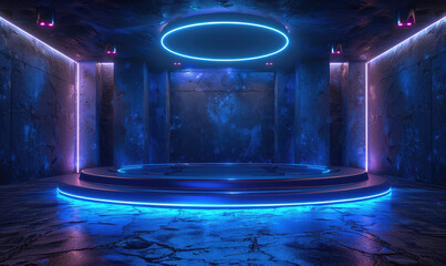 A futuristic and sci-fi style stage with red neon lights, featuring an archway at the top of steps leading to the center of it. The background is dark blue. Created with Ai