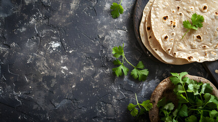 Fresh Indian chapati tortillas with fresh parsley on a graphite background Top view copy space : Generative AI