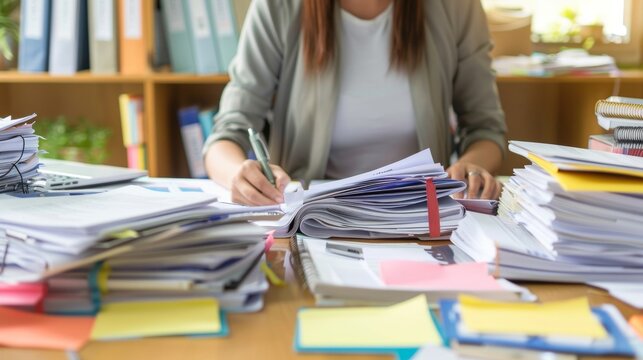 A paralegal sits at a desk covered in organized piles of paperwork meticulously comparing notes and highlighting key details. .