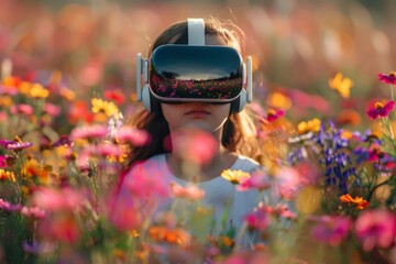 A young woman is immersed in virtual reality amidst a vibrant field of wildflowers, symbolizing a blend of technology and nature