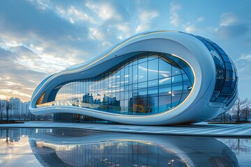 A building with a curved roof and a sky background with clouds in the background and a reflection of