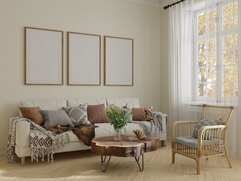 Mockup poster wood frame in empty picture living room interior scandinavian style horizontal three frames wooden floor There is a sofa and table in illustration 3d rendering.