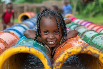 A joyful young girl with braided hair lays on top of brightly painted tires, showcasing a moment of carefree childhood playfulness