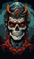 SKULL king of narcos wearing gun and mask, abstract background, drug leader