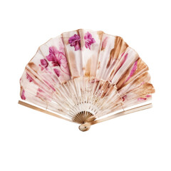 Fan. Made of textiles with floral ornaments. Vintage style. Isolated, without a background.