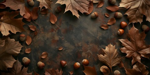 Seasonal autumn composition with dry leaves and acorns creating a natural frame on a dark, moody background