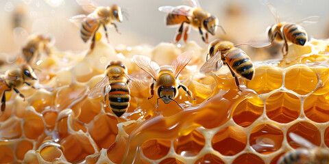 We're busy bees making honey for the humans - seven worker honey bees on a golden honeycomb in the bright sunshine ideal for a bee protection campaign
