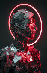 high fashion studio portrait photograph of a mech warrior made of dissected quartz with a highly polished surface neon halo around head