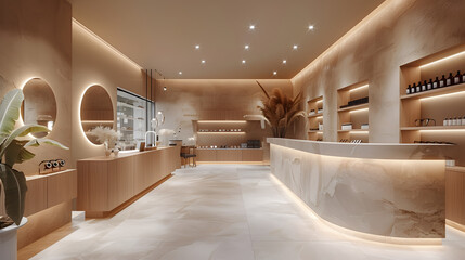 Modern beauty salon interior with curved reception desk, illuminated shelves, and contemporary decor. Minimalist design for interior, poster, banner. Wide angle view with copy space
