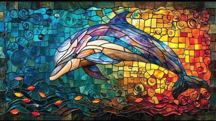 stained glass portrayal of a graceful dolphin, with swirling aquatic hues and intricate patterns