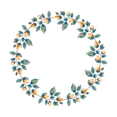 Watercolor floral round frame or wreath with yellow wildflower  and green leaves. Beautiful illustration. Great template for greeting cards, wedding invitations, home art print.