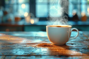 Freshly brewed hot coffee in a white cup with steaming aroma on an aged wooden rustic table - obrazy, fototapety, plakaty
