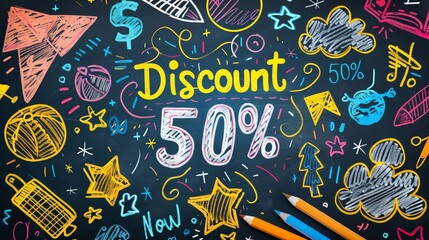 Artistic back-to-school banner, "Discount 50" incorporated into a chalk art design on a blackboard, creative "Order Now" sketch