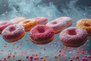 A moody, atmospheric shot capturing donuts with red sugar amid a cascade of colorful candy particles
