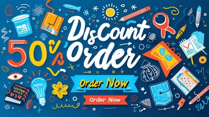 The full length of banner design showing the title "Discount 50" at the top of banner. The banner is decoration with back to school elements.