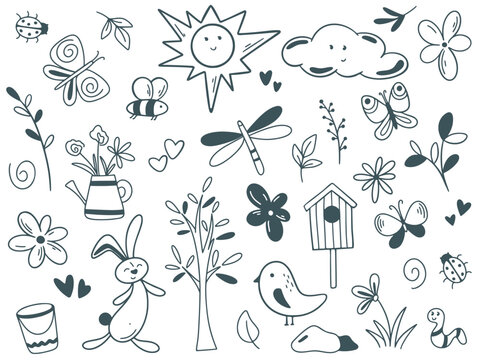 Spring set of elements doodle sketch style. Spring time ink line illustration. Bunny, butterfly, flowers, grass, sun, ladybug, bee, dragonfly, cloud and other clip art, vector graphics