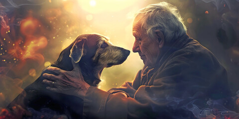 Man's best friend - pensioner with grey hair face to face with his loyal dog holding him on the shoulders and staring into his eyes lovingly
 - obrazy, fototapety, plakaty