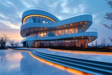 A building with a curved facade and a lot of windows at dusk with lights on the windows and steps