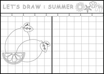 Summer printable worksheet drawing template page in black and white outline illustration. Color and drawing book for children's skills