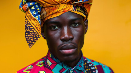 A handsome black man wearing a unique piece of headgear reminiscent of both an African gele and an Asian turban paired with a crisp buttonup shirt and vibrant patterned trousers. His . - obrazy, fototapety, plakaty
