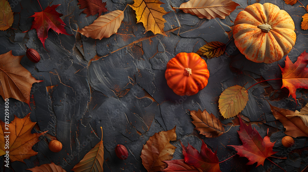Poster thanksgiving and autumn decoration concept made from autumn leaves and pumpkin on stone background f