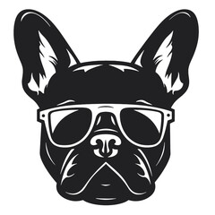 French bulldog sunglasses black and white hand drawn cartoon portrait vector illustration