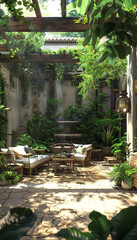 Tranquil patio interior with comfortable outdoor furniture, lush greenery, and a bubbling fountain, providing a serene oasis for outdoor relaxation and entertainment,