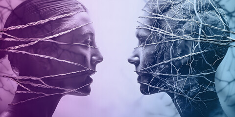 Relationships can go through thorny patches - female side profile head facing a male side profile head, both wrapped in wire and twine depicting trouble in their partnership and copy space
