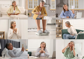 Menopause, collage with photos of woman suffering from different symptoms - obrazy, fototapety, plakaty