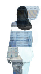 Double exposure of businesswoman and office buildings